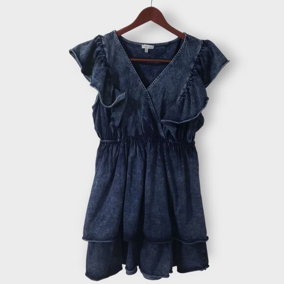 White Birch Acid Wash Denim Ruffle Tiered Flutter Mini Dress XL Layered Grunge - Picture 1 of 12